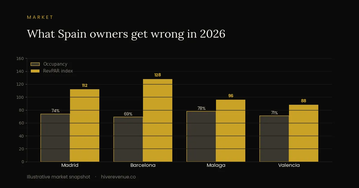 Bar chart of illustrative occupancy and RevPAR index across Madrid, Barcelona, Malaga and Valencia for Spain 2026.