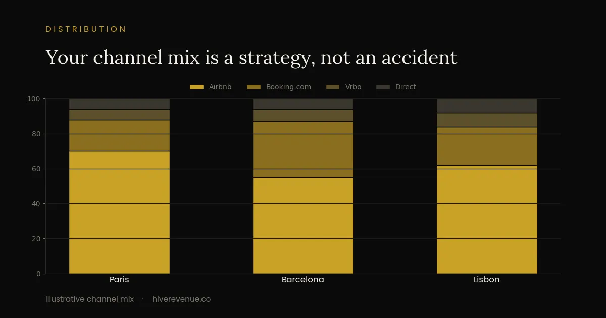 Stacked bar chart of STR channel mix across Paris, Barcelona and Lisbon by Airbnb, Booking.com, Vrbo and direct.